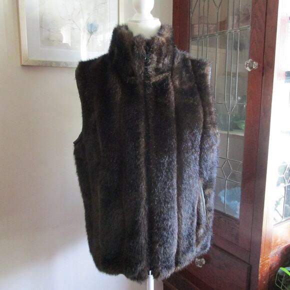 Brown Faux Fur Reversible Vest Women’s Size L Raincoat Side High Collar MotoBoho - Picture 1 of 17